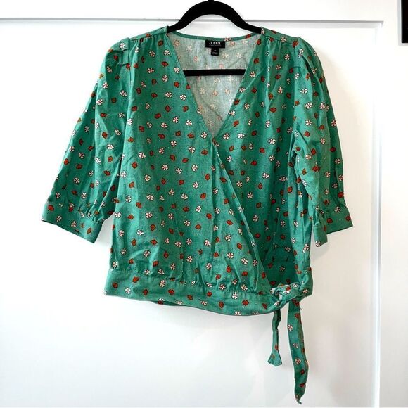 Floral Linen Blend Wrap Tie Front Top - Sz M - Picture 3 of 9